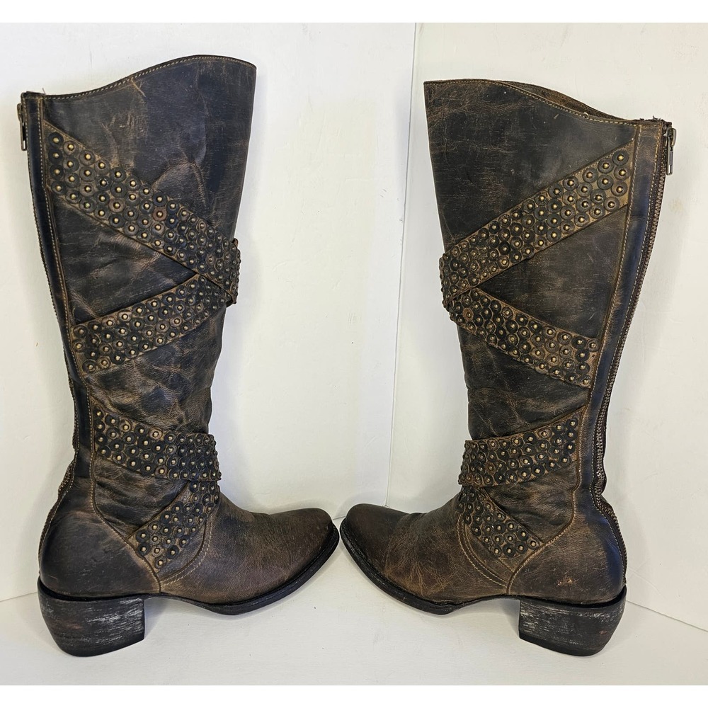 Old Gringo Buzzy Brown Boots Distressed Studded Leather Tall Zip size 6.5 B - Picture 2 of 10
